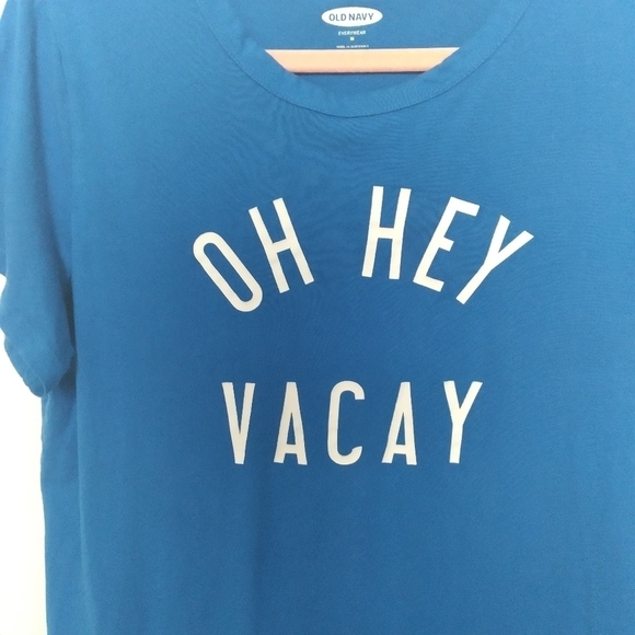 Old Navy Blue and White Oh Hey Vacay Cotton Crew Neck Graphic Tee Size Medium - Picture 4 of 7